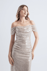 Gwen | Sequined Sheer Strap Midi Pencil Evening Dress